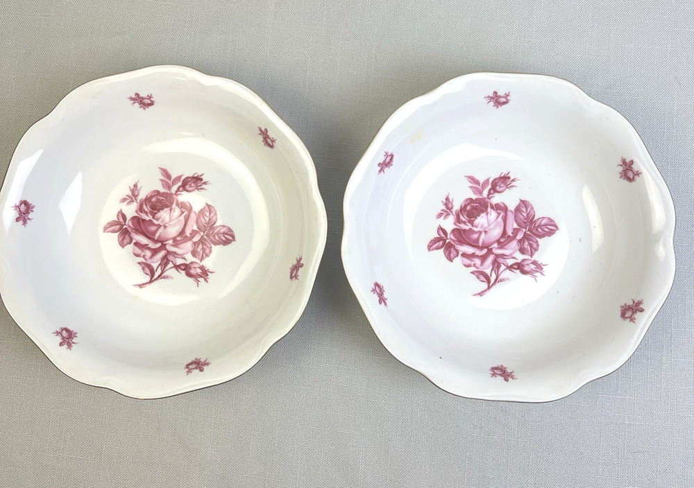 Bohemian Czechoslovakia Vegetable Serving Bowls 2 Roses Pink Gold Vintage